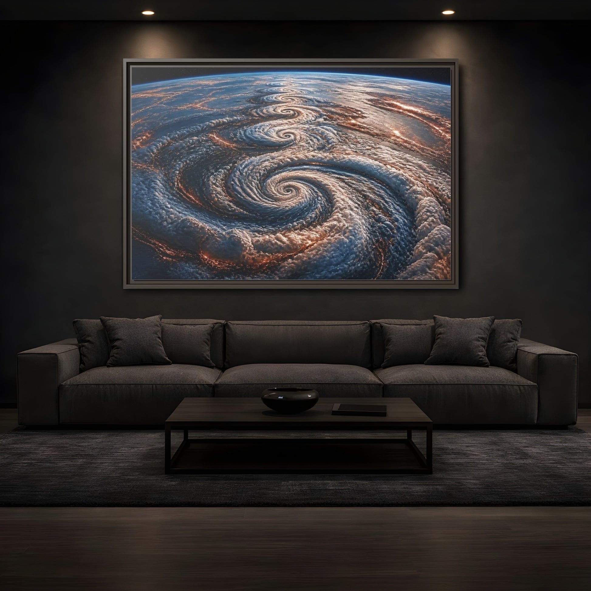 Mockup 3. Orbital Spiral Storm shown as framed canvas print