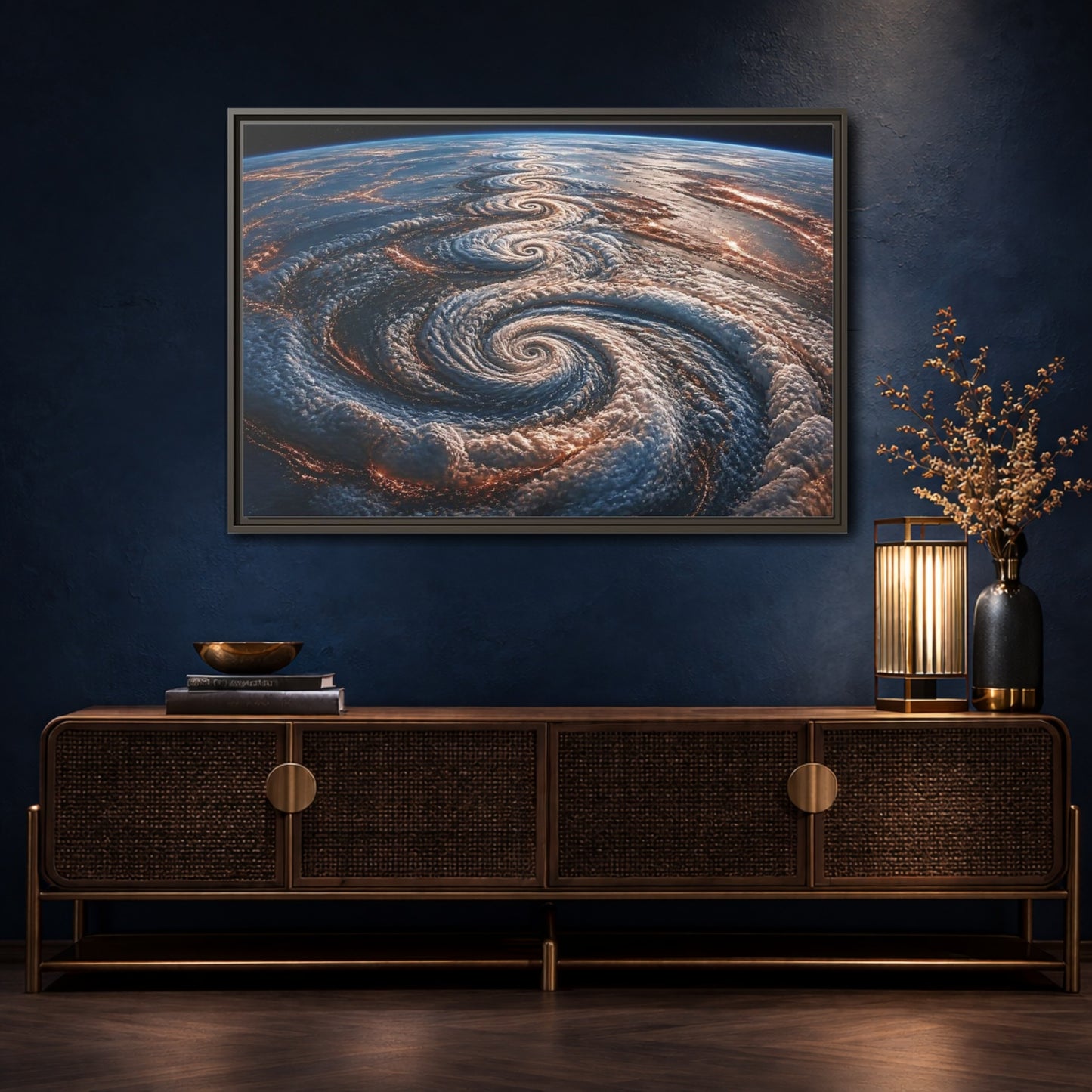 Mockup 4. Orbital Spiral Storm shown as framed canvas print