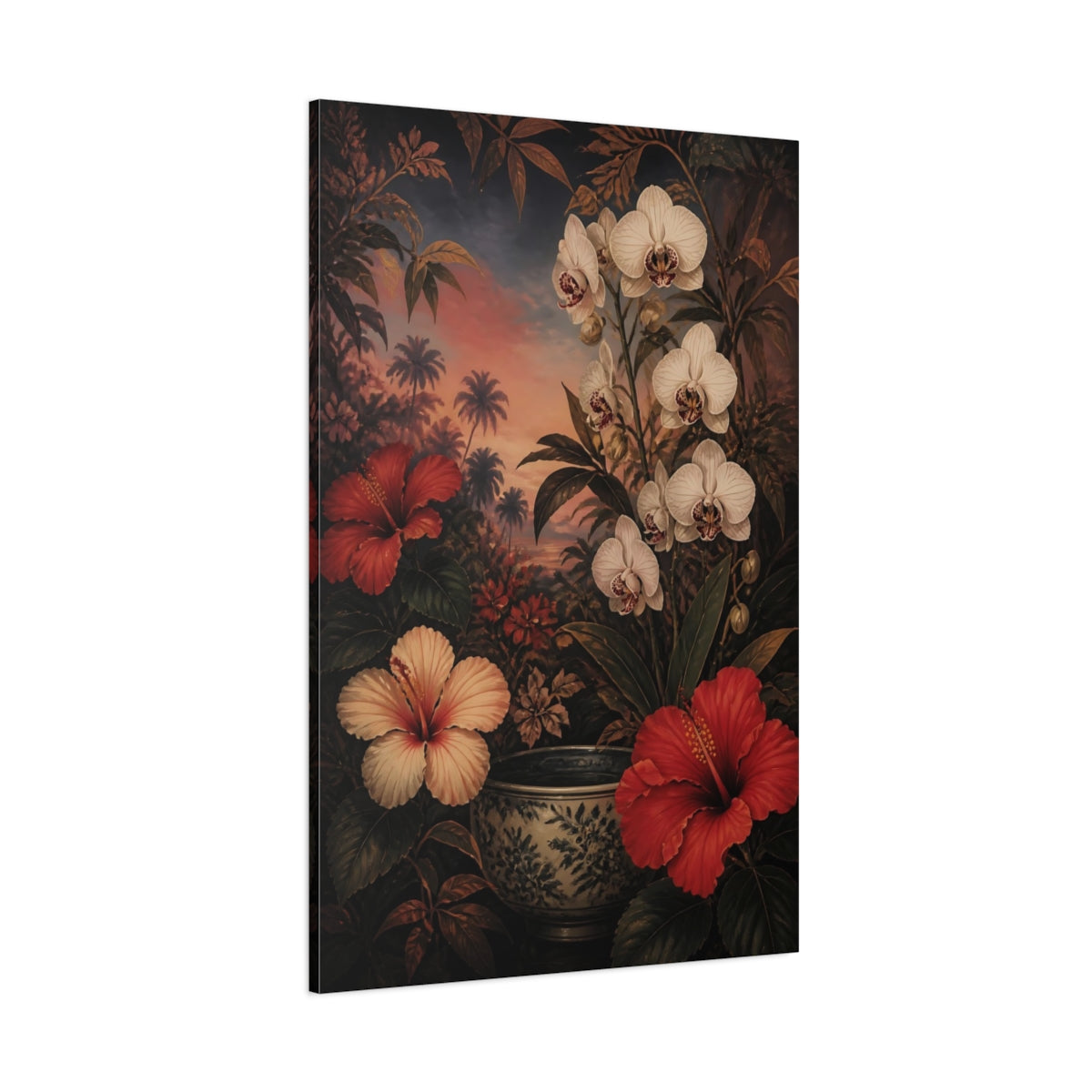 Side Mockup 1. Orchid And Hibiscus Flowers shown as canvas print