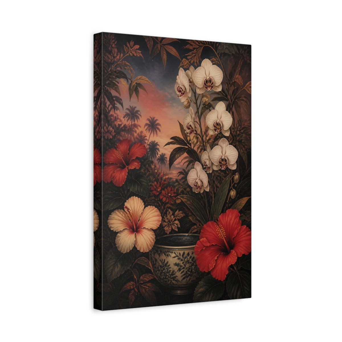 Side Mockup 4. Orchid And Hibiscus Flowers shown as canvas print