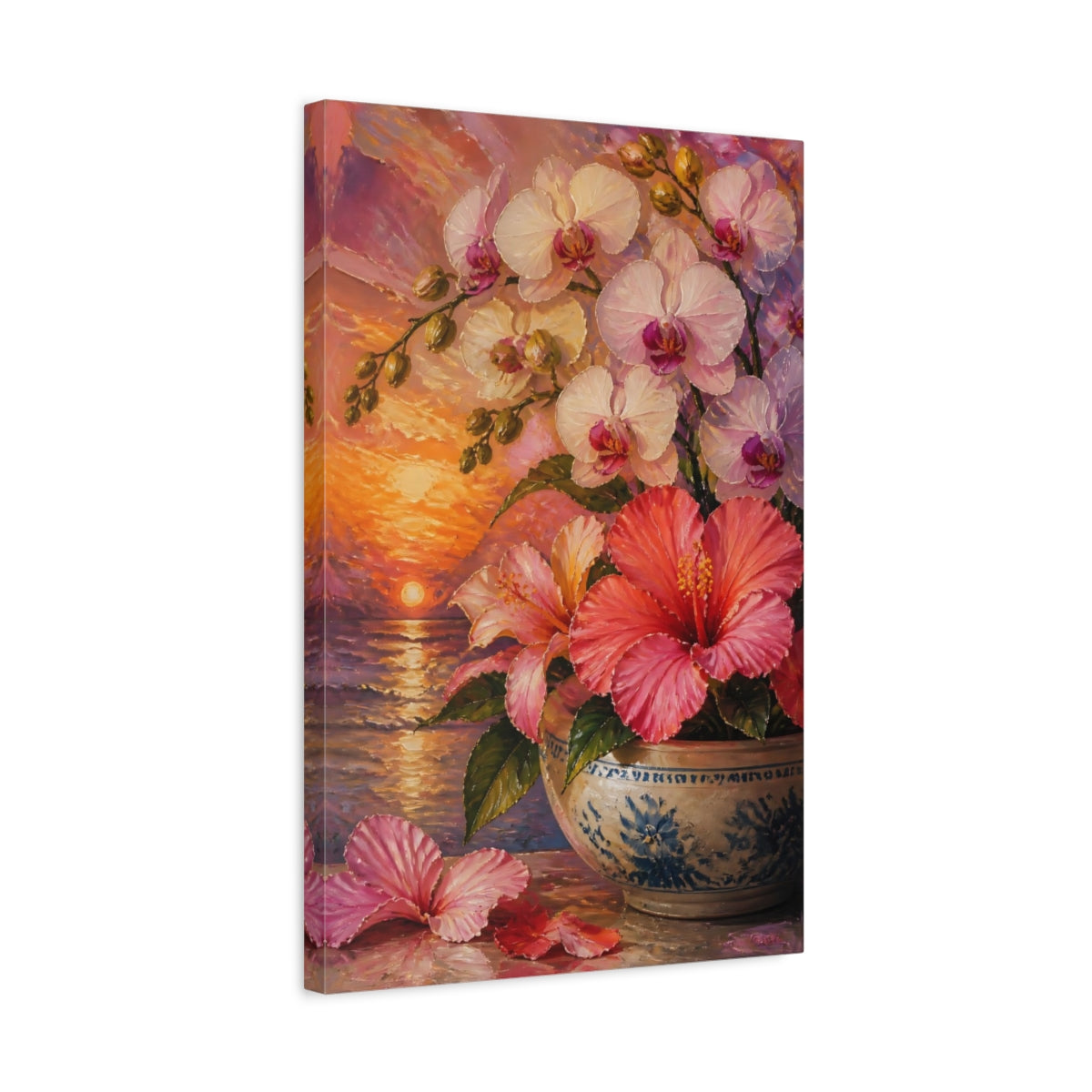 Side Mockup 3. Orchid And Hibiscus Flowers shown as canvas print