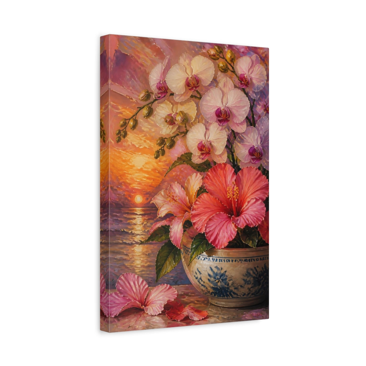 Side Mockup 4. Orchid And Hibiscus Flowers shown as canvas print