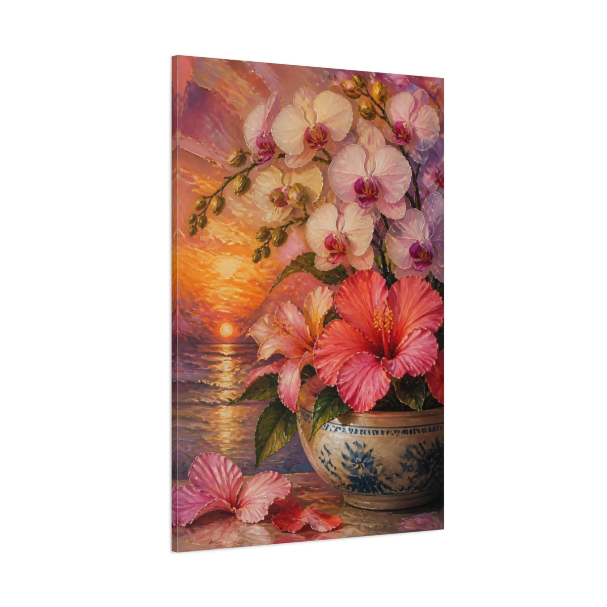 Side Mockup 1. Orchid And Hibiscus Flowers shown as canvas print