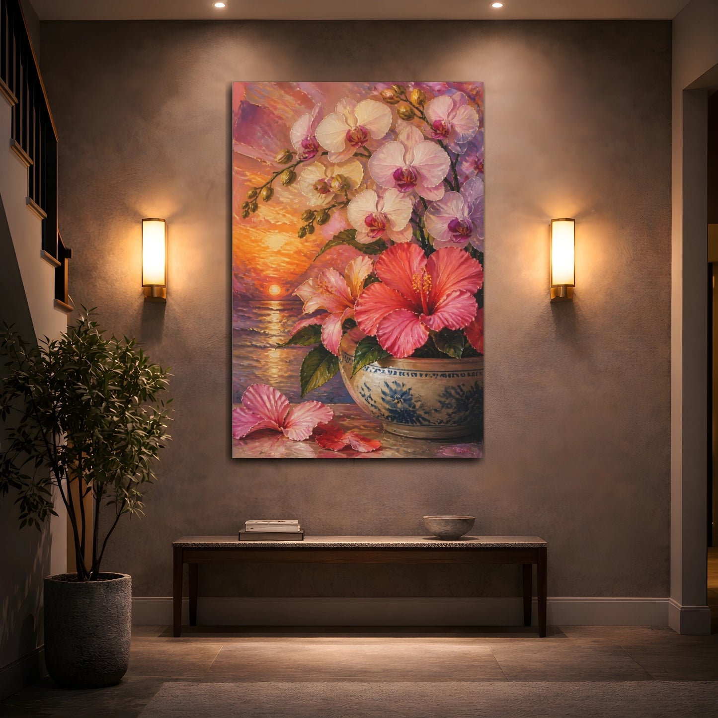 Mockup 2. Orchid And Hibiscus Flowers shown as canvas print