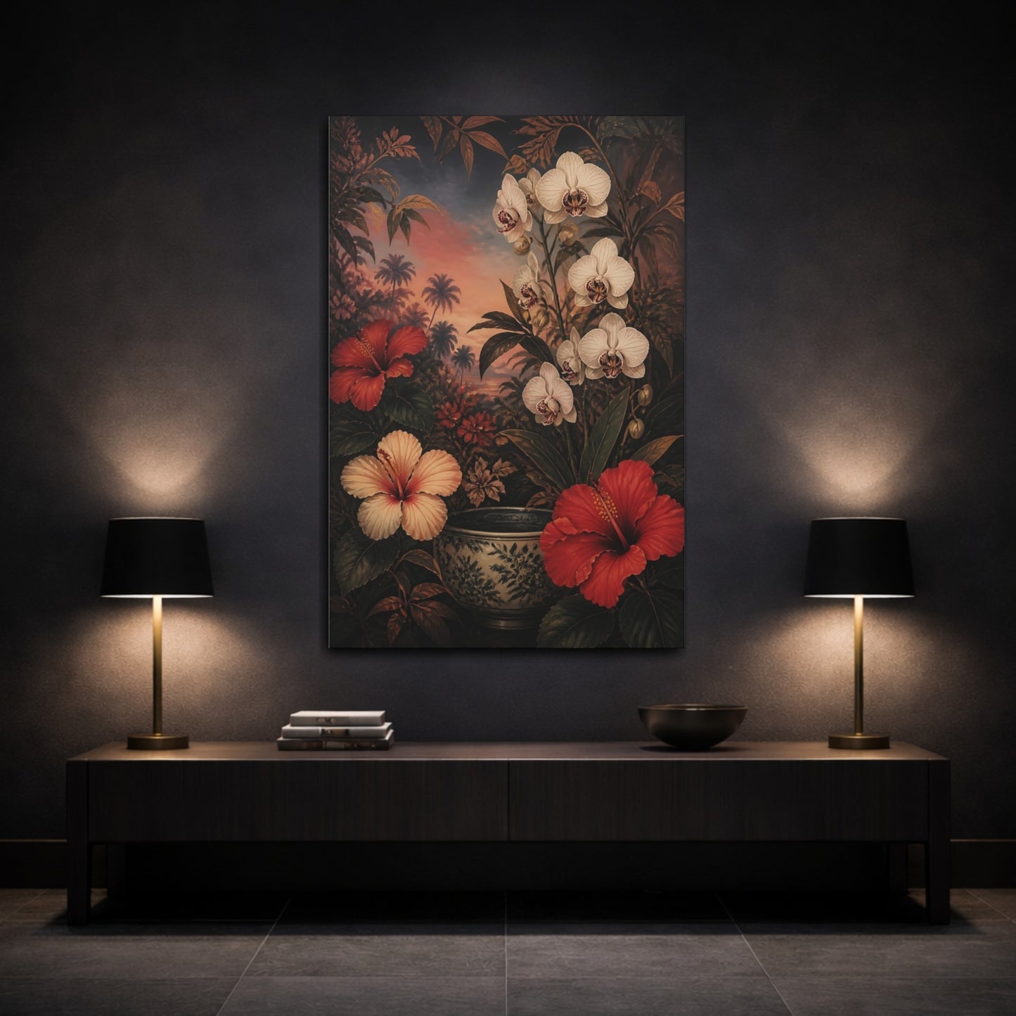Mockup 3. Orchid And Hibiscus Flowers shown as canvas print