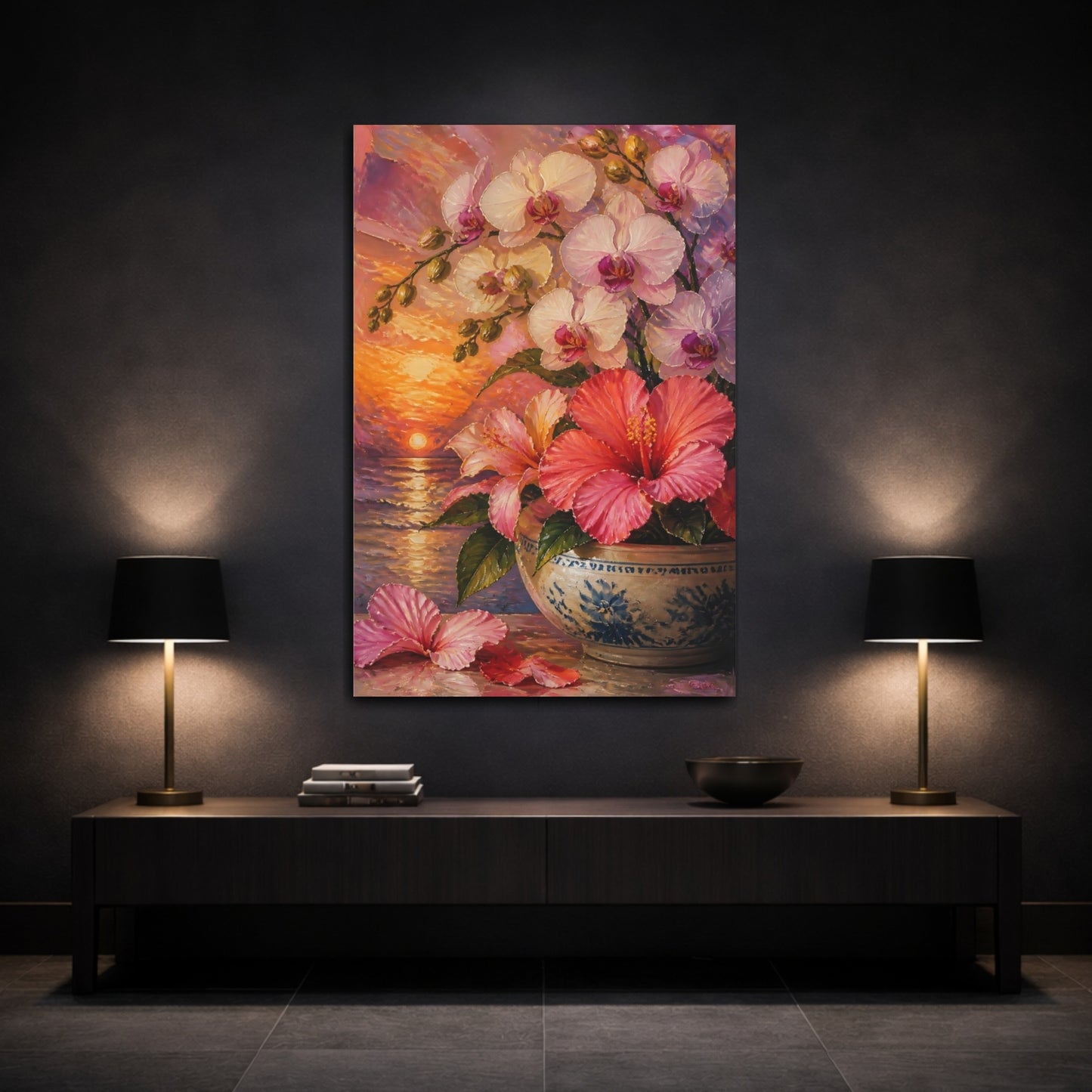 Mockup 3. Orchid And Hibiscus Flowers shown as canvas print