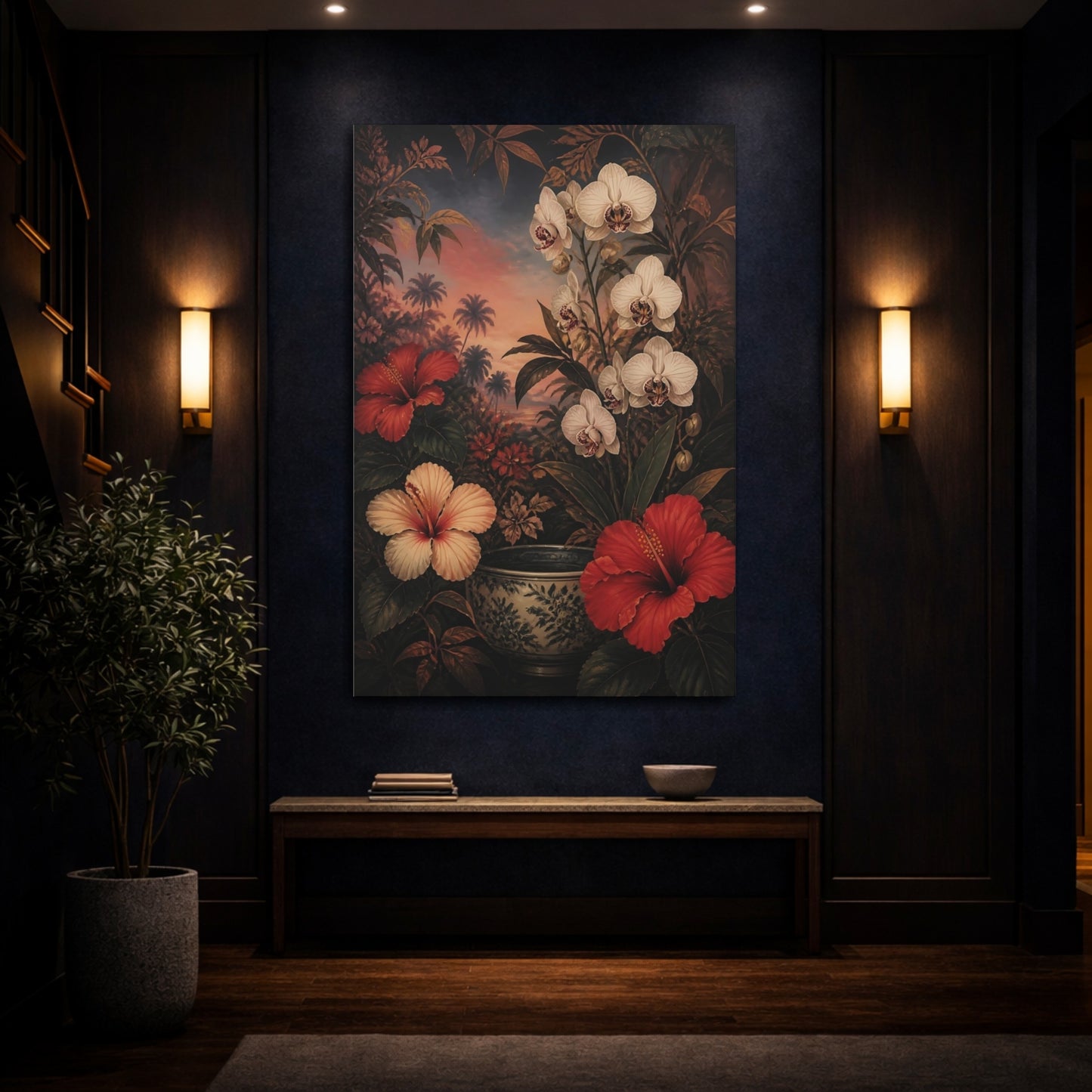 Mockup 4. Orchid And Hibiscus Flowers shown as canvas print
