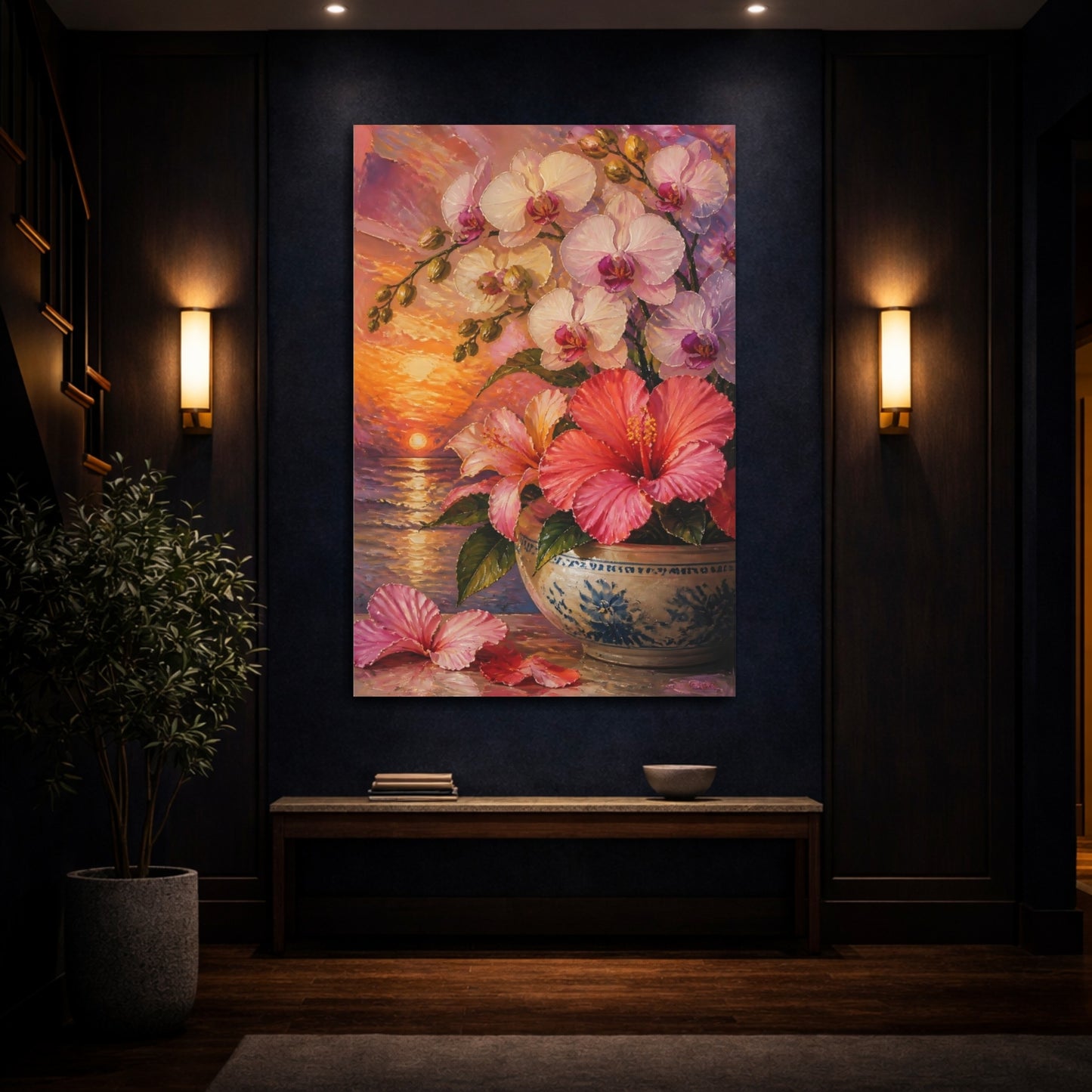 Mockup 4. Orchid And Hibiscus Flowers shown as canvas print