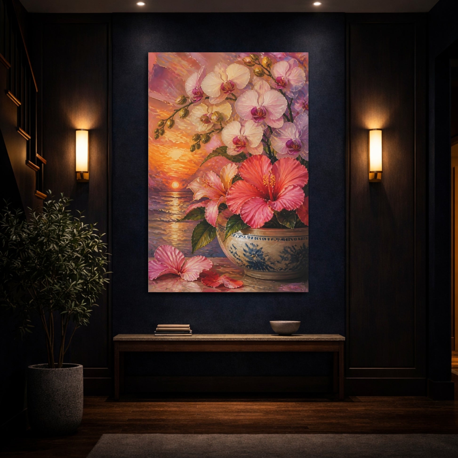 Mockup 4. Orchid And Hibiscus Flowers shown as canvas print