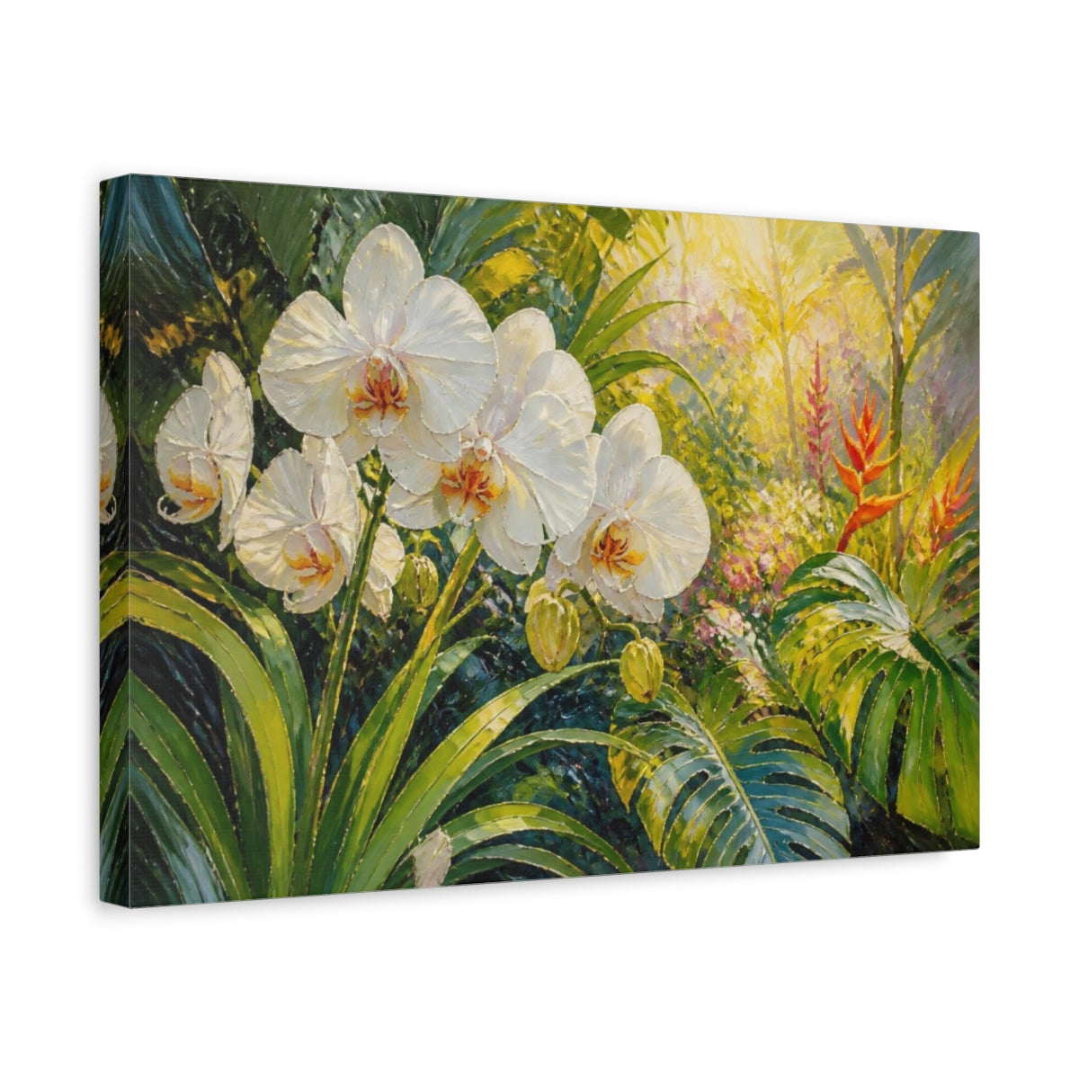 Side Mockup 4. Orchid Flowers In Sunlight shown as canvas print