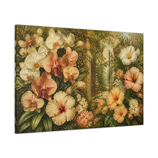 Main Mockup. Orchid Garden Flowers shown as canvas print