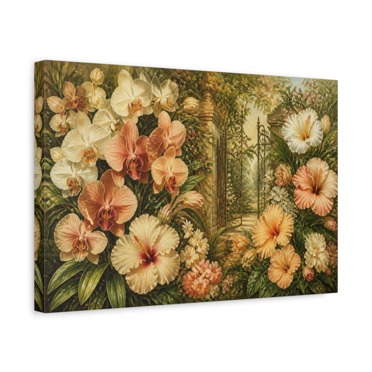 Side Mockup 4. Orchid Garden Flowers shown as canvas print