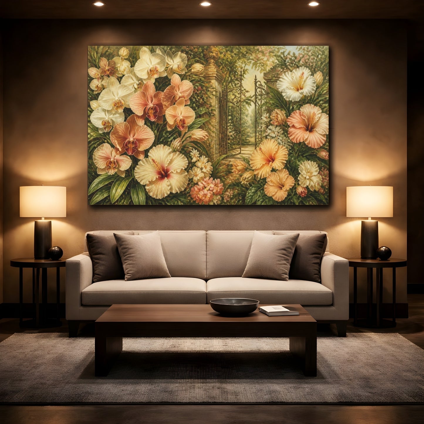 Mockup 2. Orchid Garden Flowers shown as canvas print