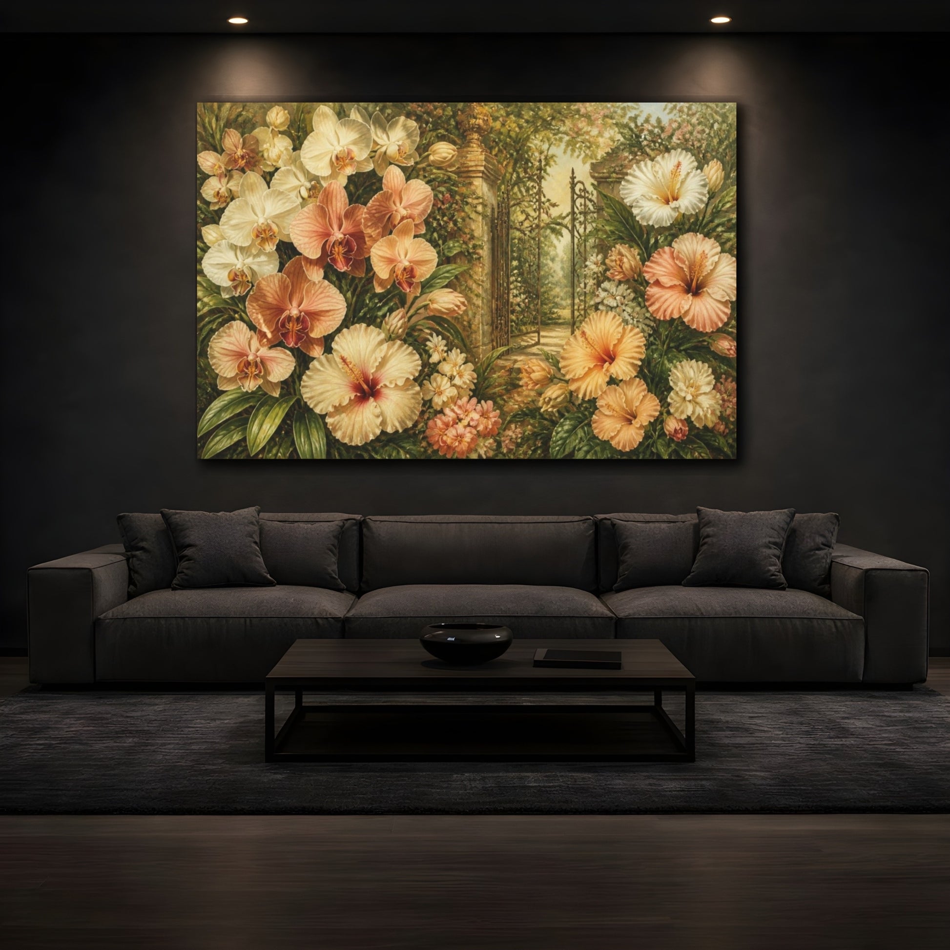 Mockup 3. Orchid Garden Flowers shown as canvas print