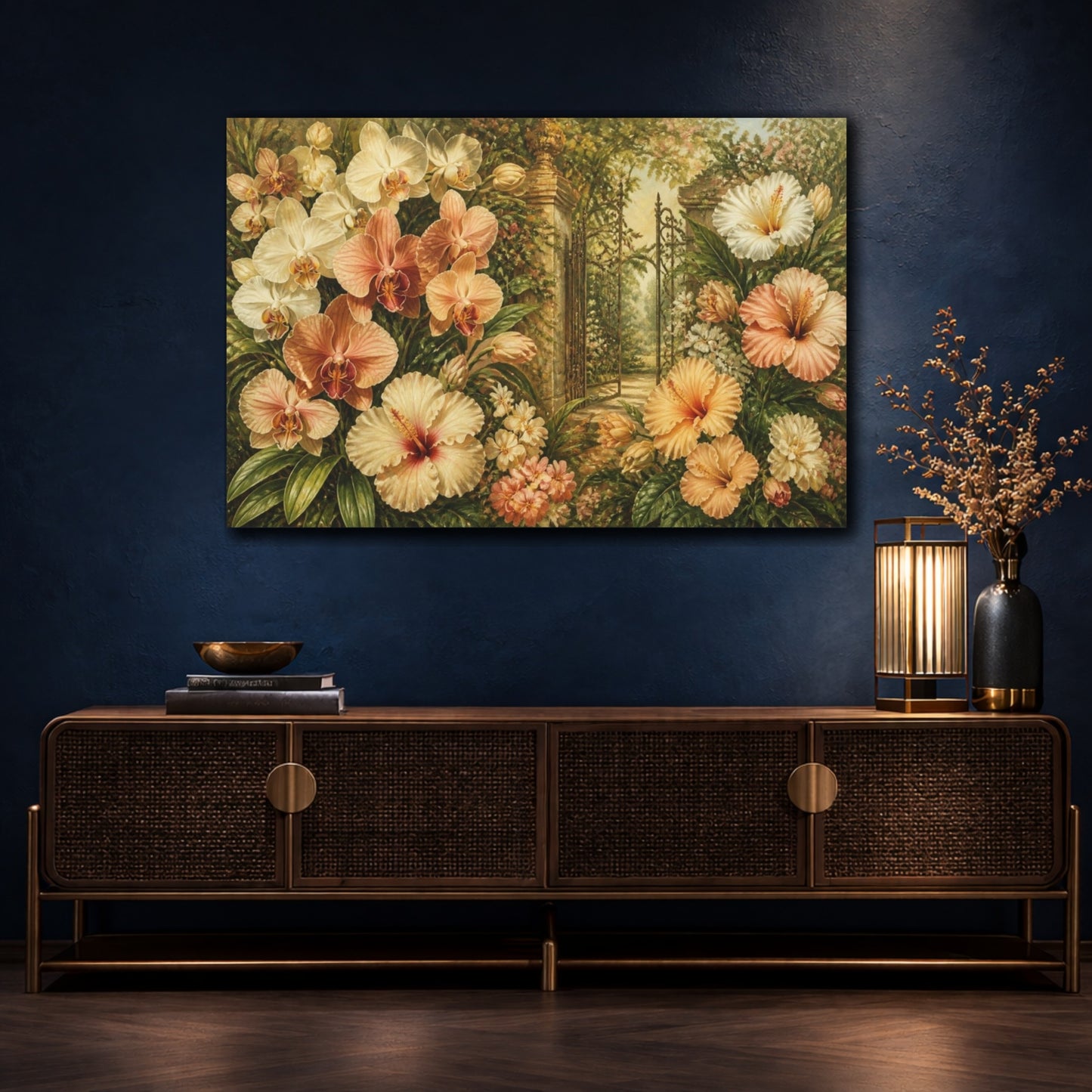 Mockup 4. Orchid Garden Flowers shown as canvas print