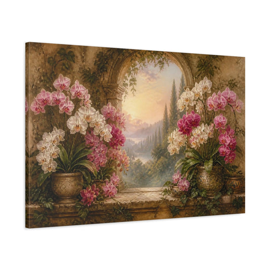 Main Mockup. Orchids By Arched Window shown as canvas print