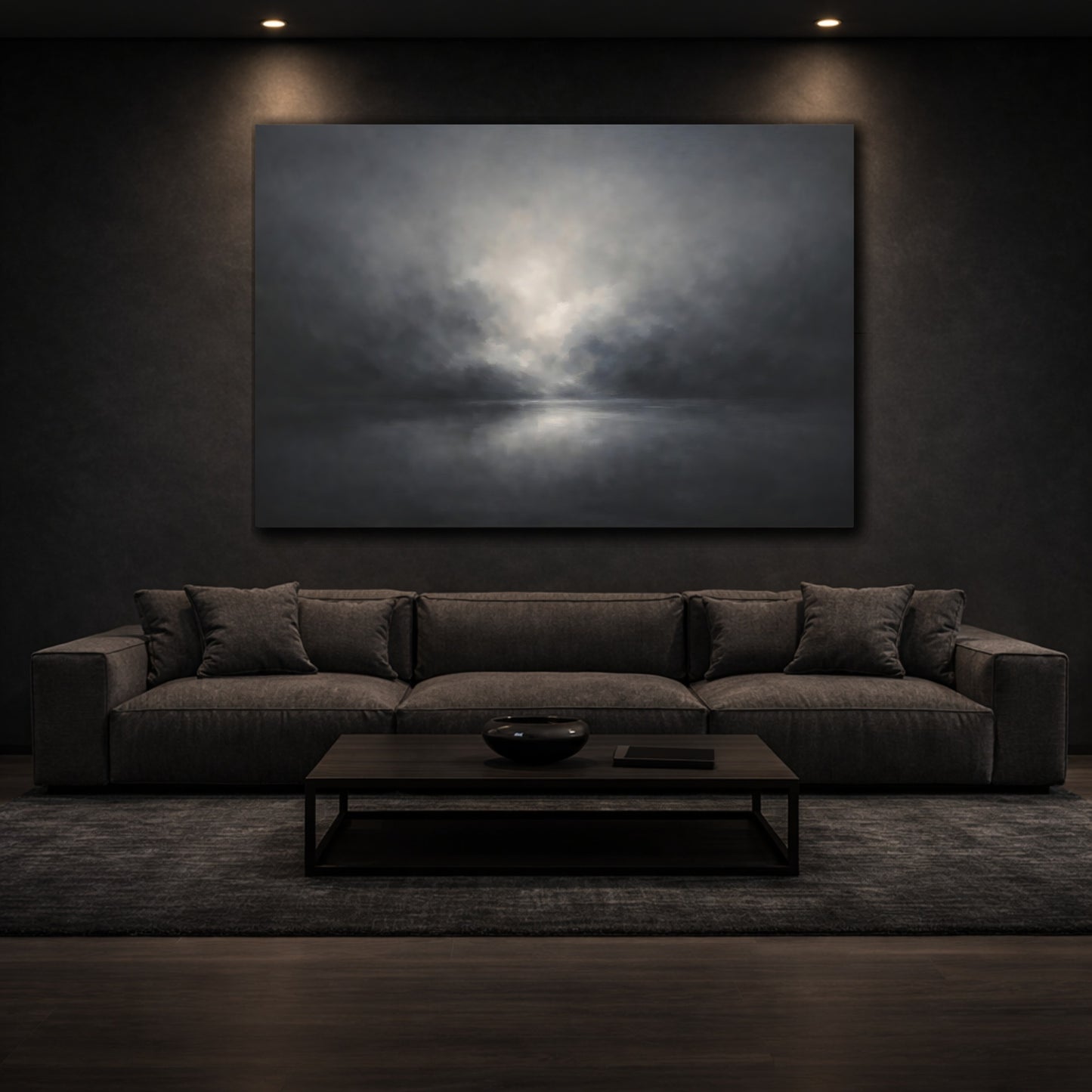 Mockup 2. Organic Abstract Dark Ash Minimal Gradient shown as stretched canvas wall art