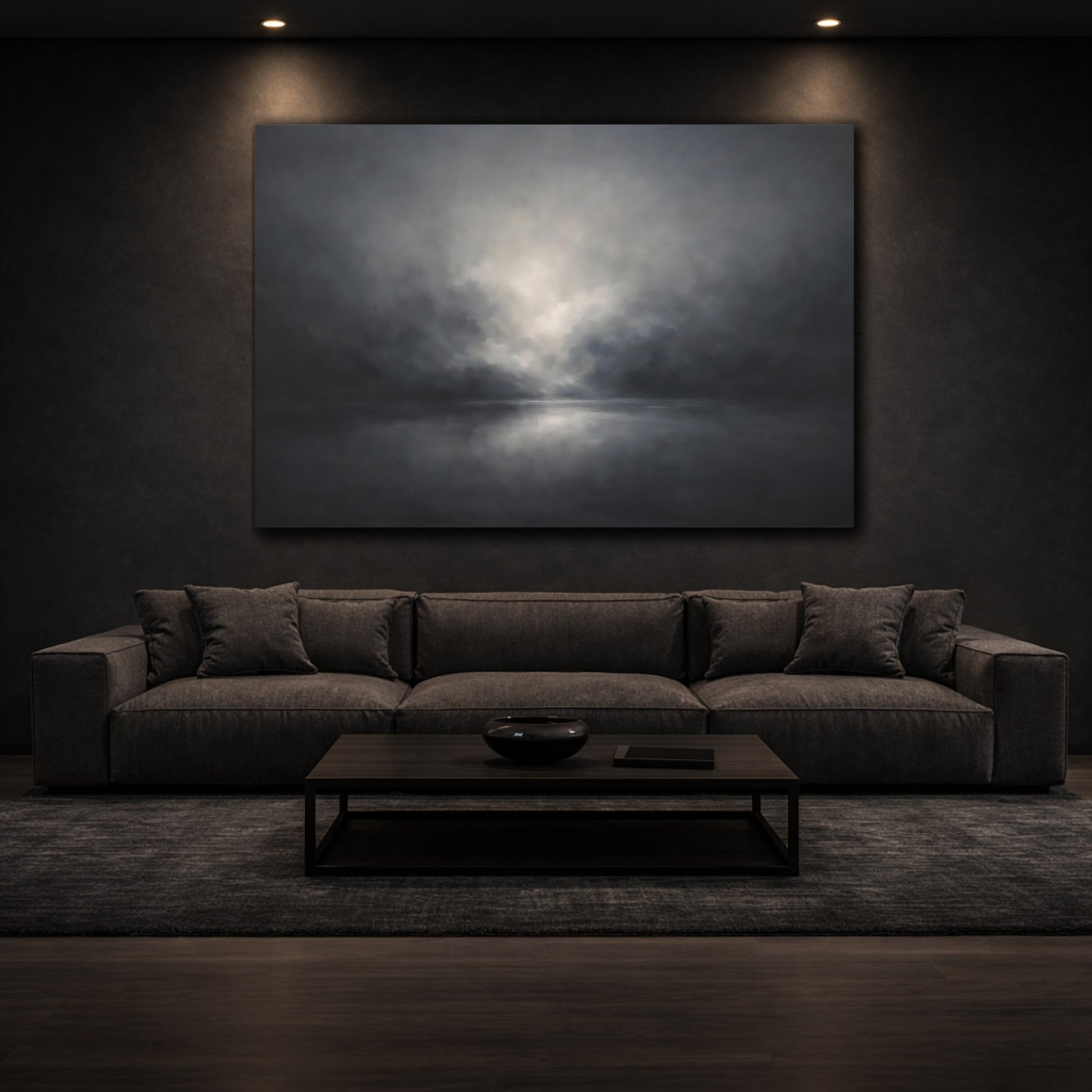 Mockup 2. Organic Abstract Dark Ash Minimal Gradient shown as stretched canvas wall art