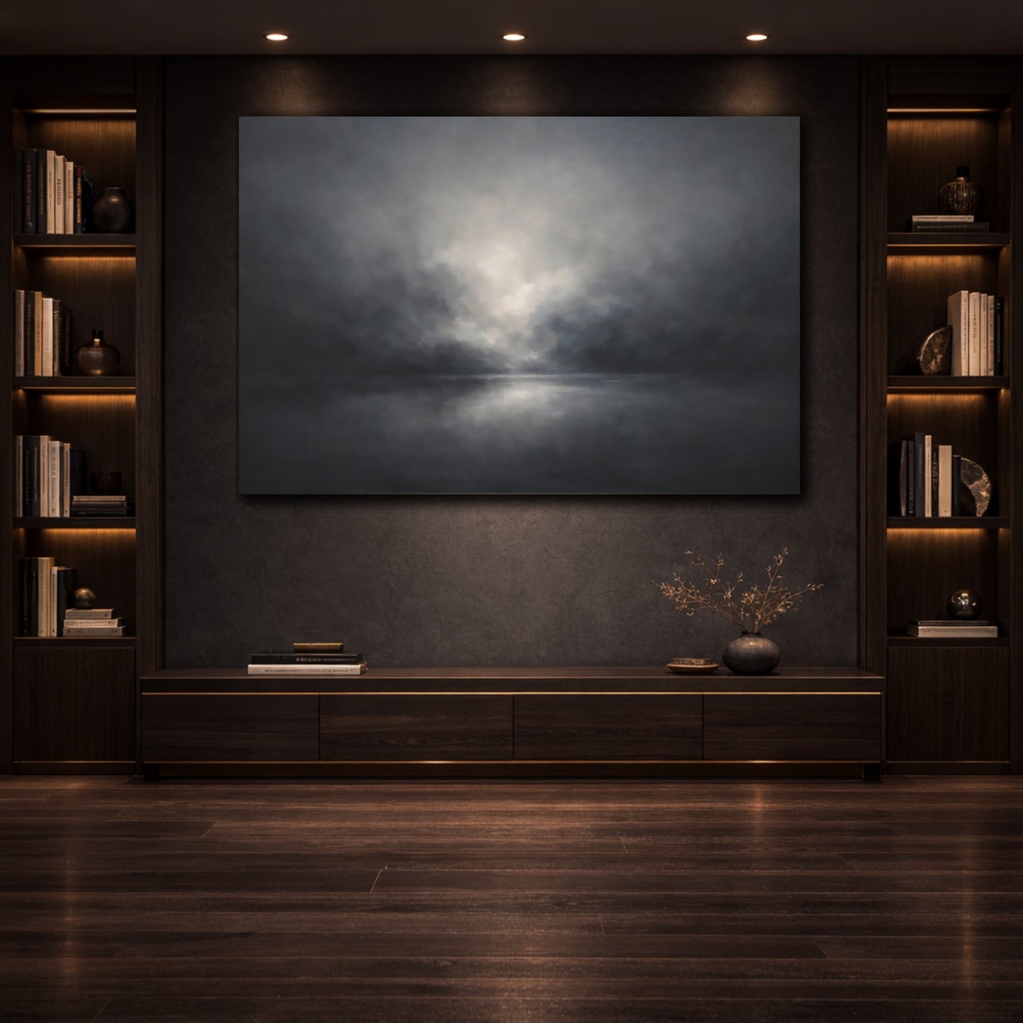 Mockup 3. Organic Abstract Dark Ash Minimal Gradient shown as stretched canvas wall art