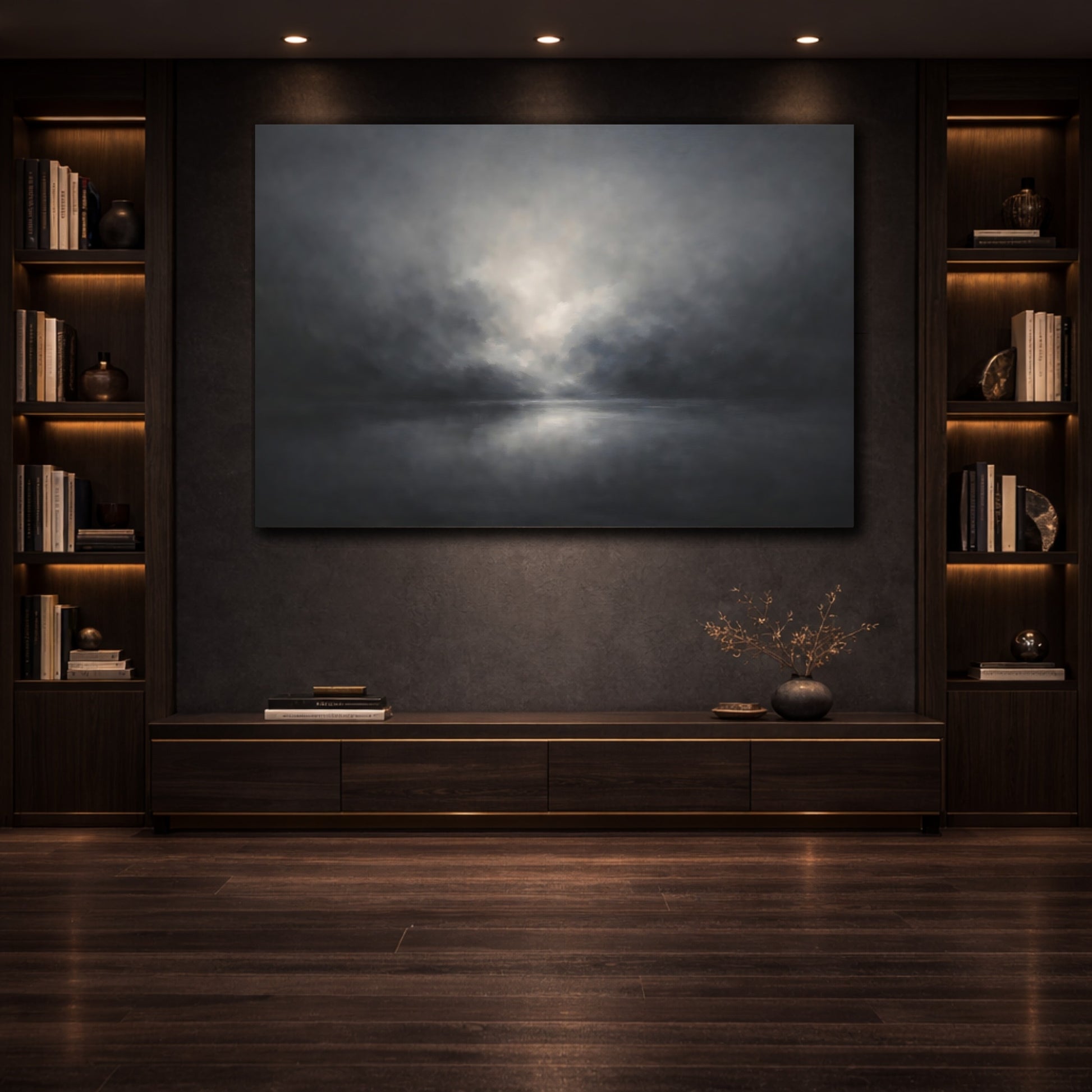 Mockup 3. Organic Abstract Dark Ash Minimal Gradient shown as stretched canvas wall art