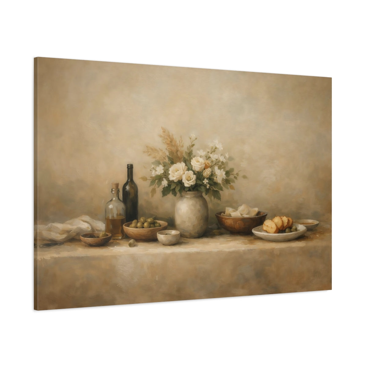 Main Mockup. Organic Abstract Restaurant Table Wide Setup shown as stretched canvas wall art