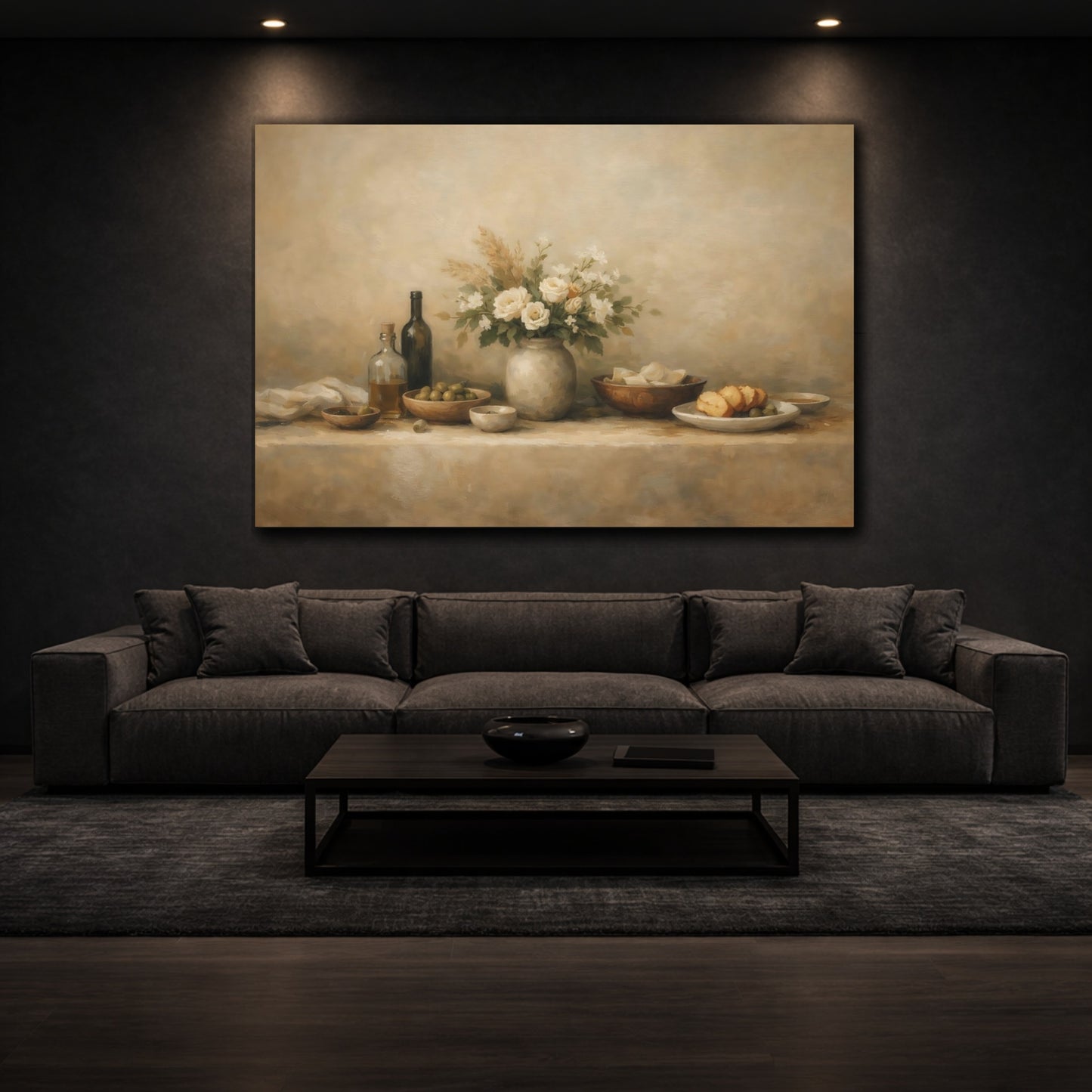 Mockup 2. Organic Abstract Restaurant Table Wide Setup shown as stretched canvas wall art