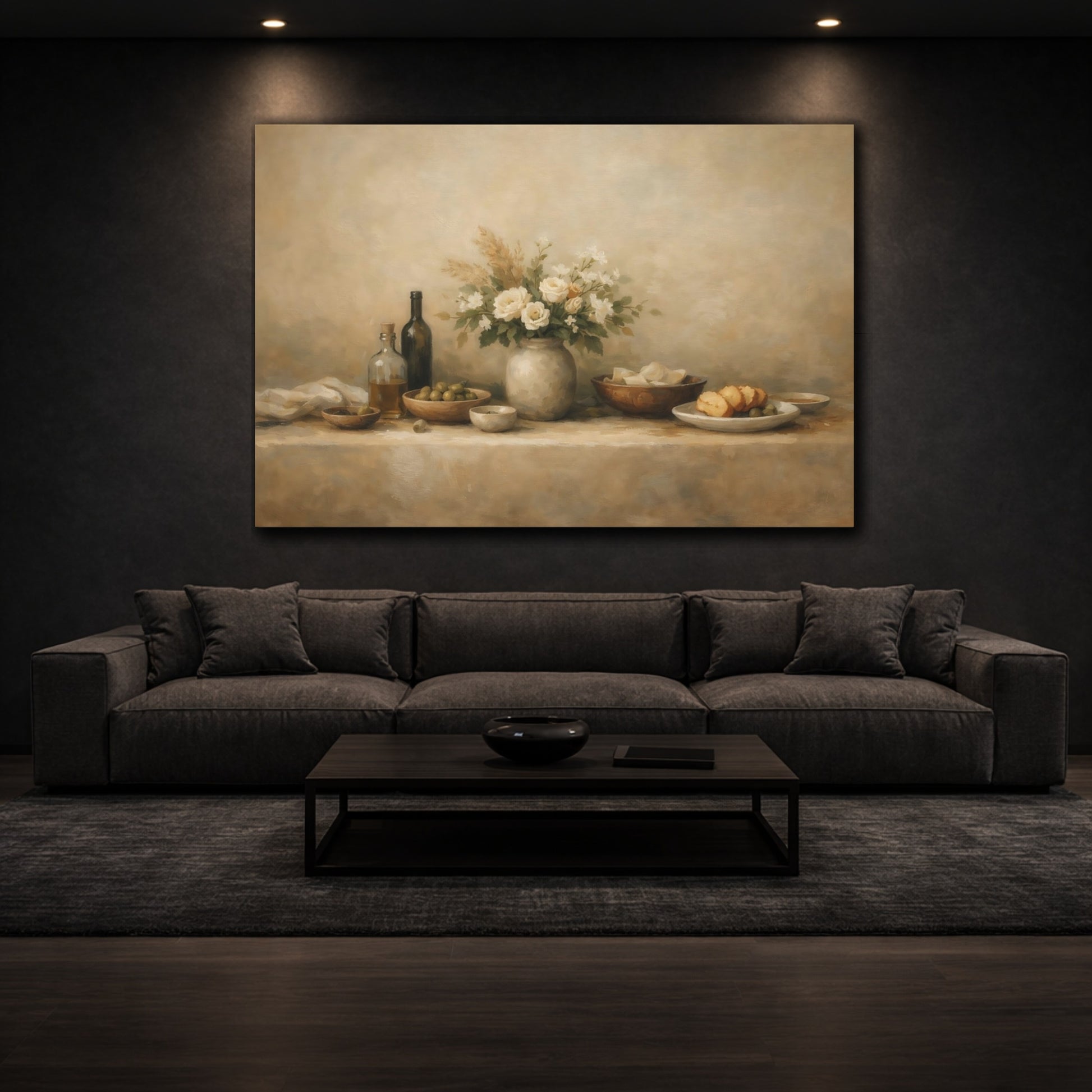 Mockup 2. Organic Abstract Restaurant Table Wide Setup shown as stretched canvas wall art