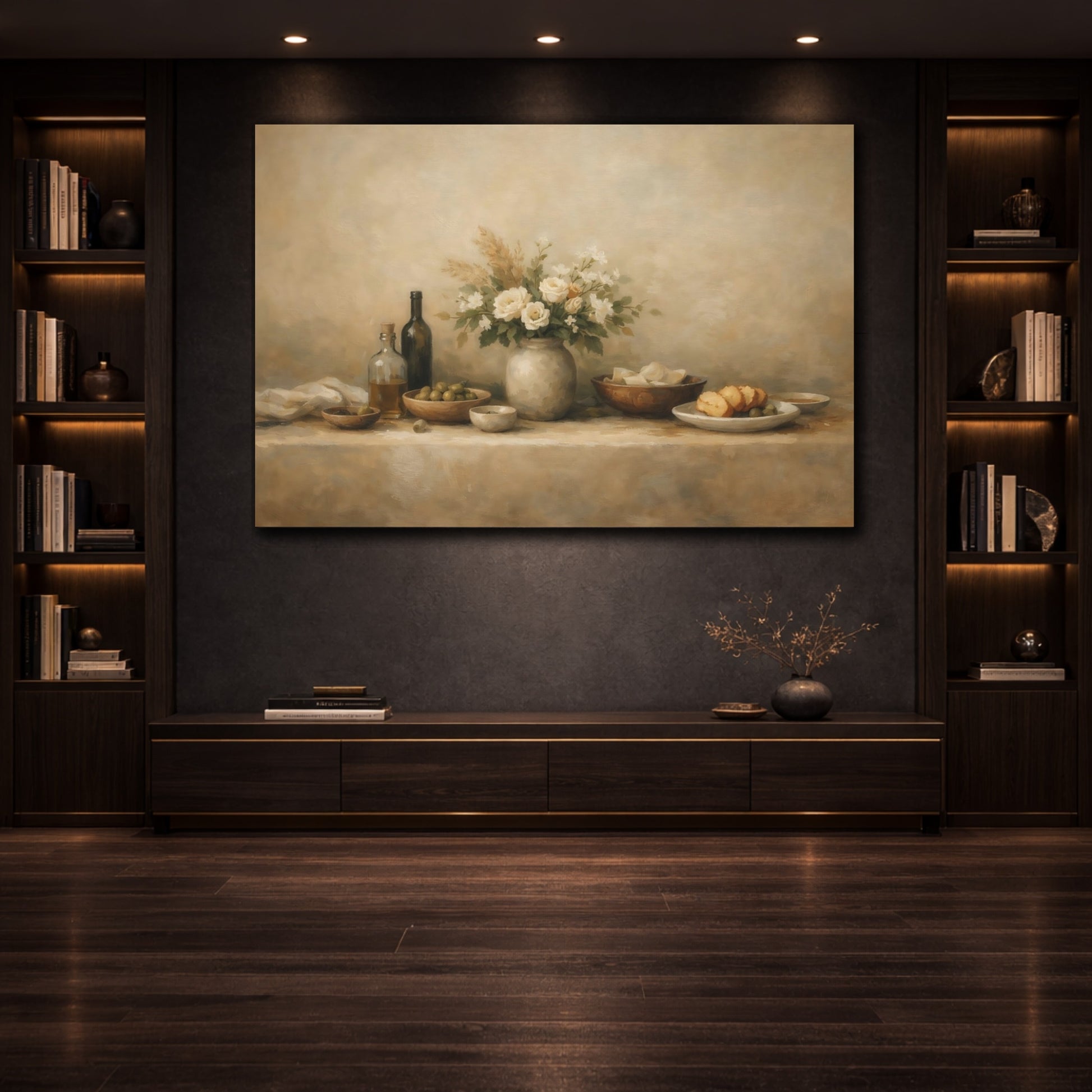 Mockup 3. Organic Abstract Restaurant Table Wide Setup shown as stretched canvas wall art