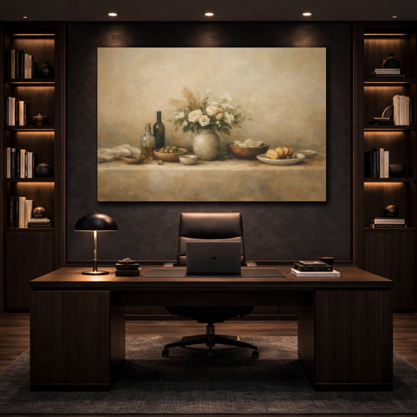 Mockup 4. Organic Abstract Restaurant Table Wide Setup shown as stretched canvas wall art