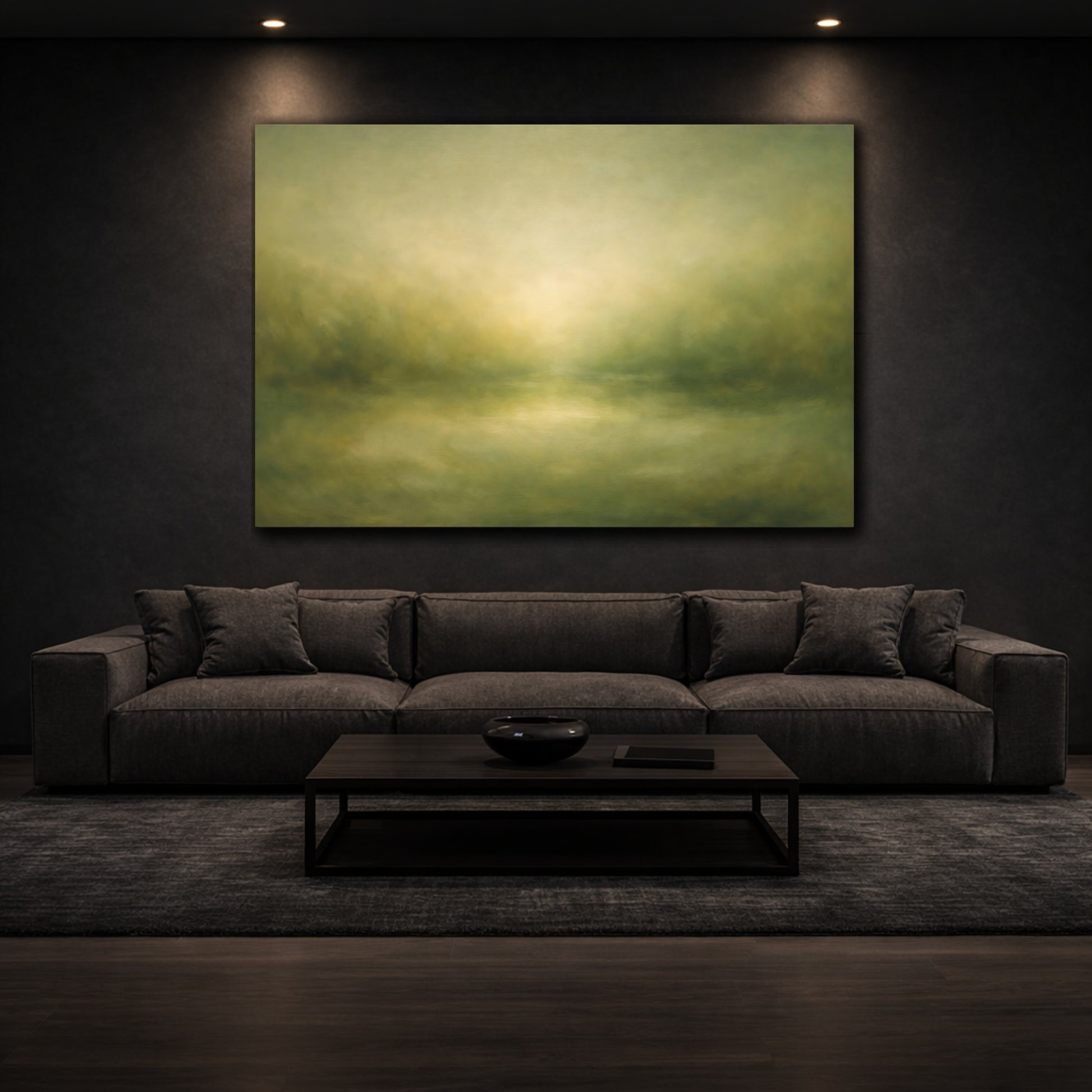 Mockup 2. Organic Abstract Soft Olive Green Fade shown as stretched canvas wall art