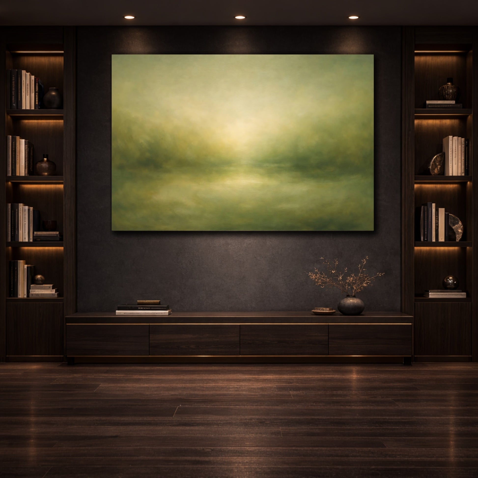 Mockup 3. Organic Abstract Soft Olive Green Fade shown as stretched canvas wall art