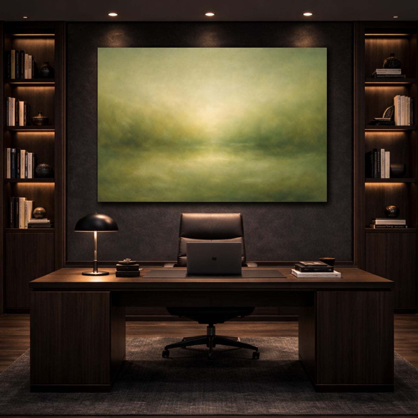 Mockup 4. Organic Abstract Soft Olive Green Fade shown as stretched canvas wall art
