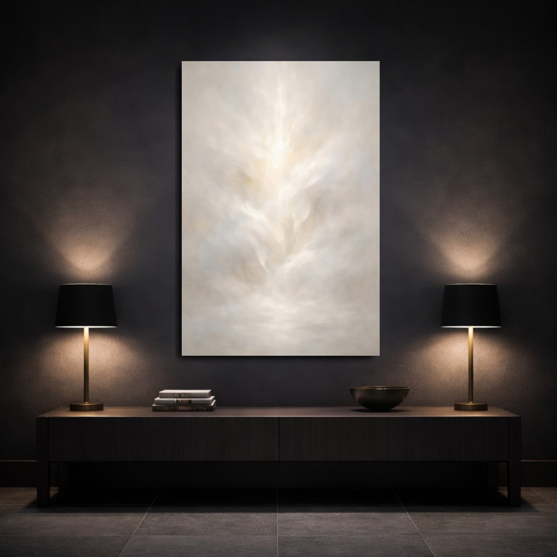 Mockup 2. Organic Abstract White Light Diffusion Minimal shown as stretched canvas wall art