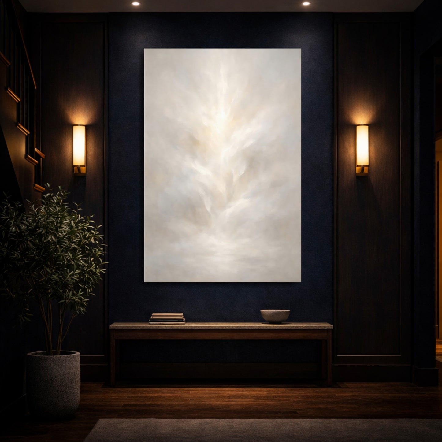 Mockup 3. Organic Abstract White Light Diffusion Minimal shown as stretched canvas wall art