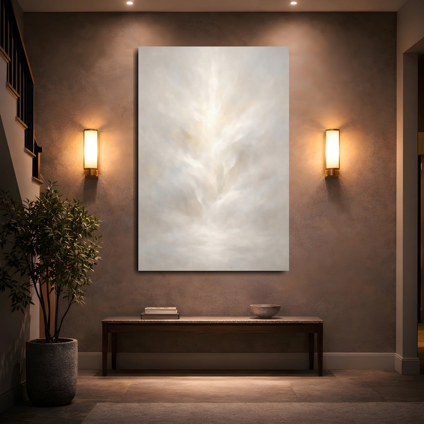 Mockup 4. Organic Abstract White Light Diffusion Minimal shown as stretched canvas wall art