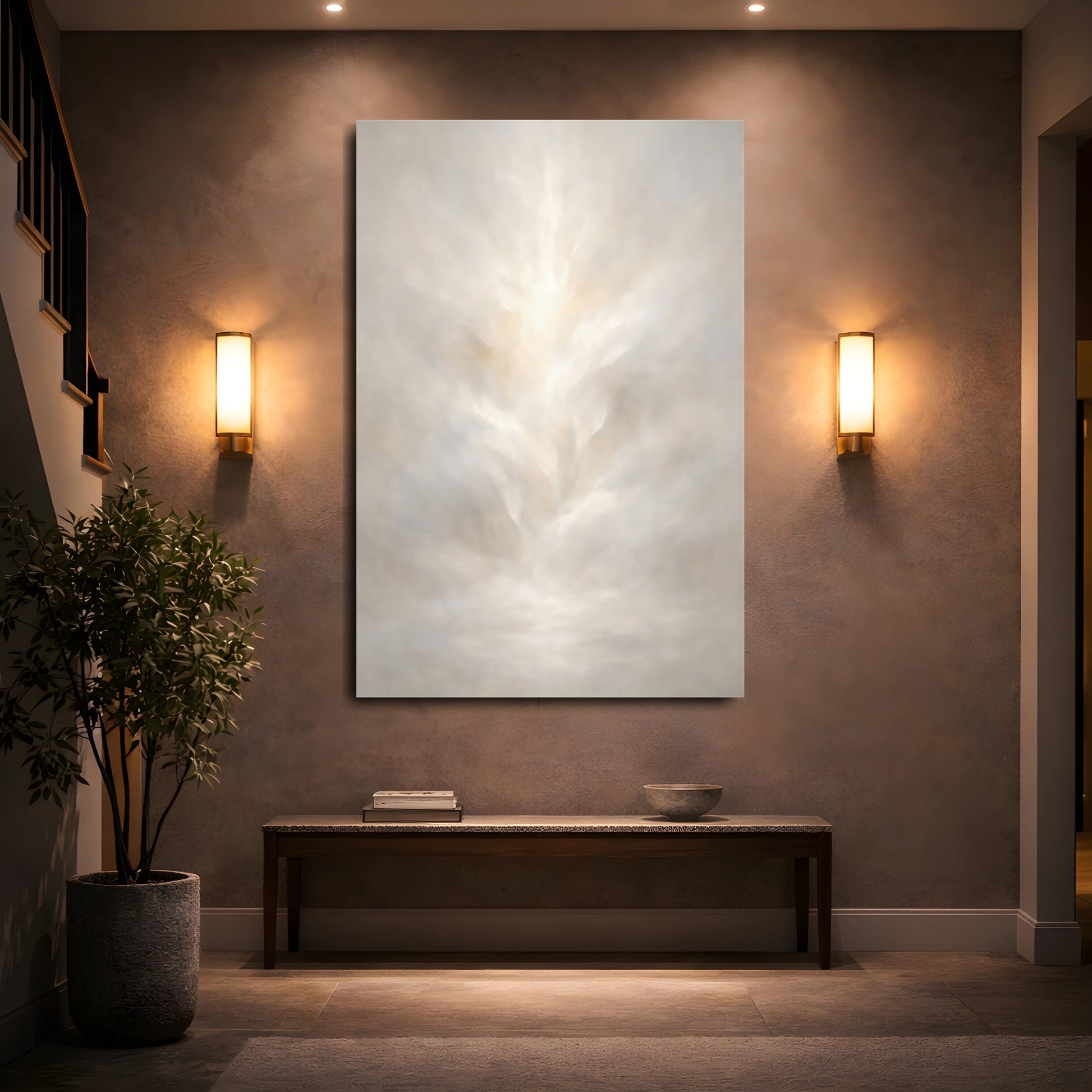 Mockup 4. Organic Abstract White Light Diffusion Minimal shown as stretched canvas wall art