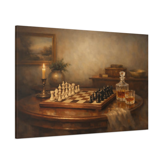 Main Mockup. Organic Chess Table Interior Composition shown as stretched canvas wall art