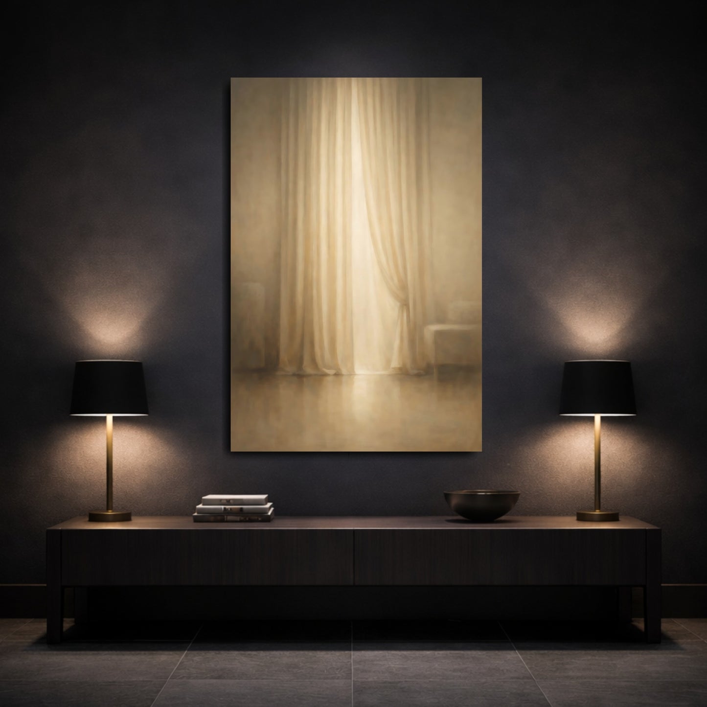 Mockup 2. Organic Minimal Curtain Fold Light Line shown as stretched canvas wall art