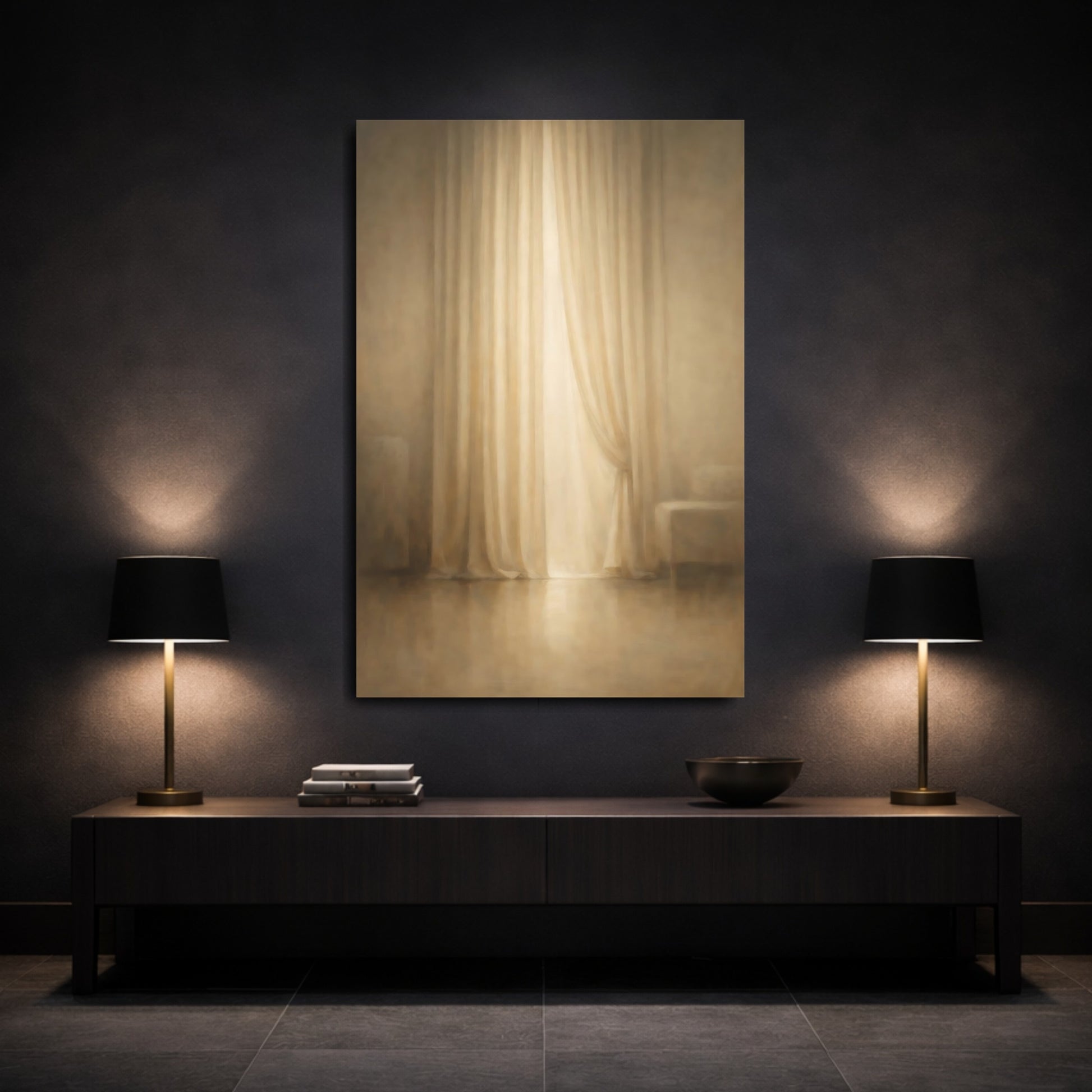 Mockup 2. Organic Minimal Curtain Fold Light Line shown as stretched canvas wall art