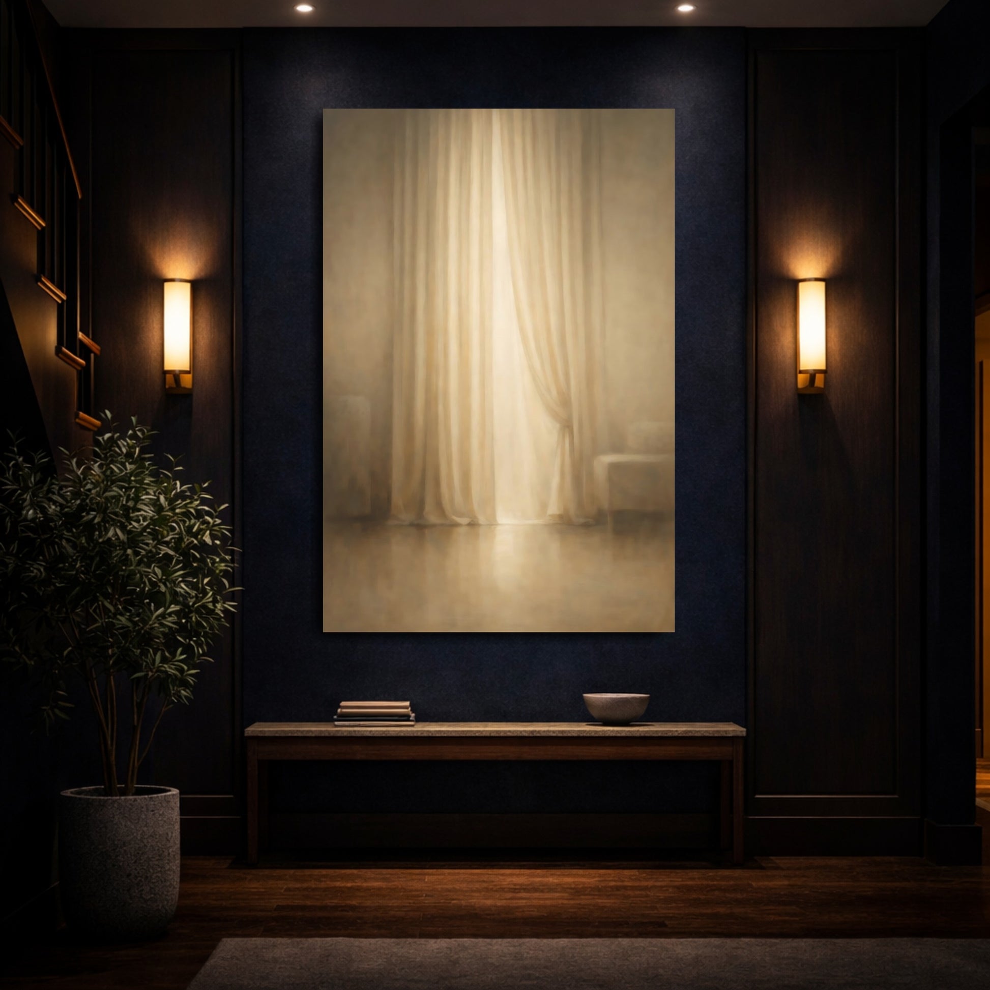 Mockup 3. Organic Minimal Curtain Fold Light Line shown as stretched canvas wall art