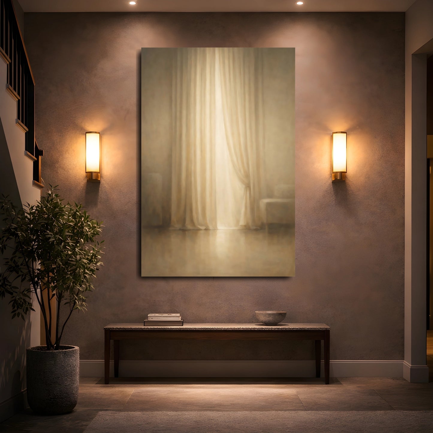 Mockup 4. Organic Minimal Curtain Fold Light Line shown as stretched canvas wall art