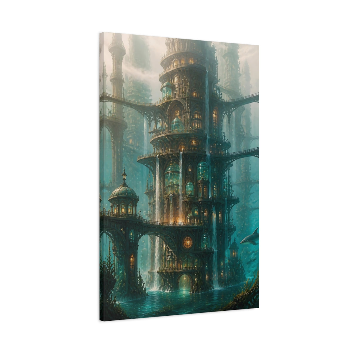 Main Mockup. Ornate Underwater City Tower shown as canvas print