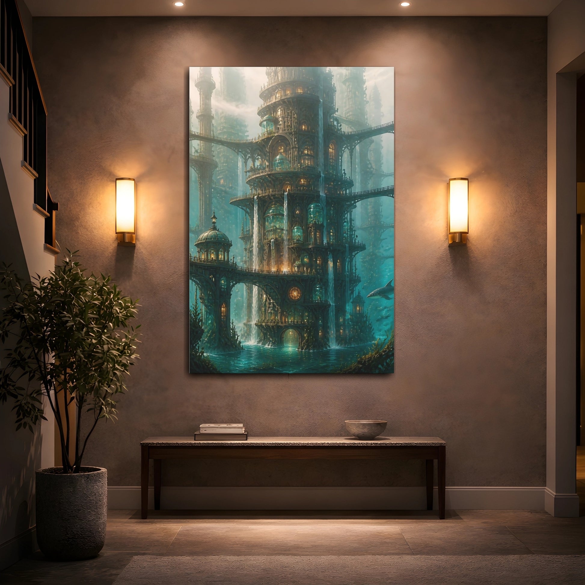 Mockup 2. Ornate Underwater City Tower shown as canvas print