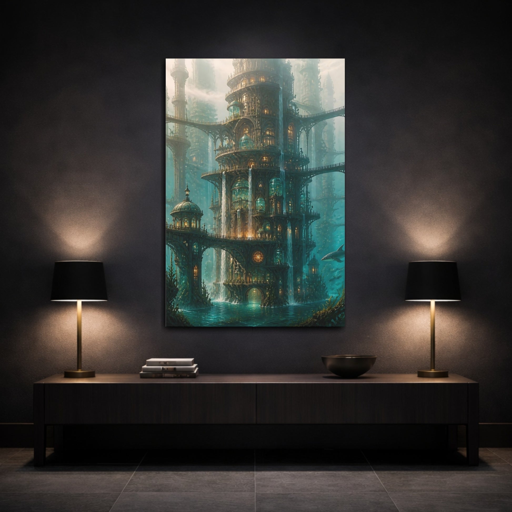 Mockup 3. Ornate Underwater City Tower shown as canvas print