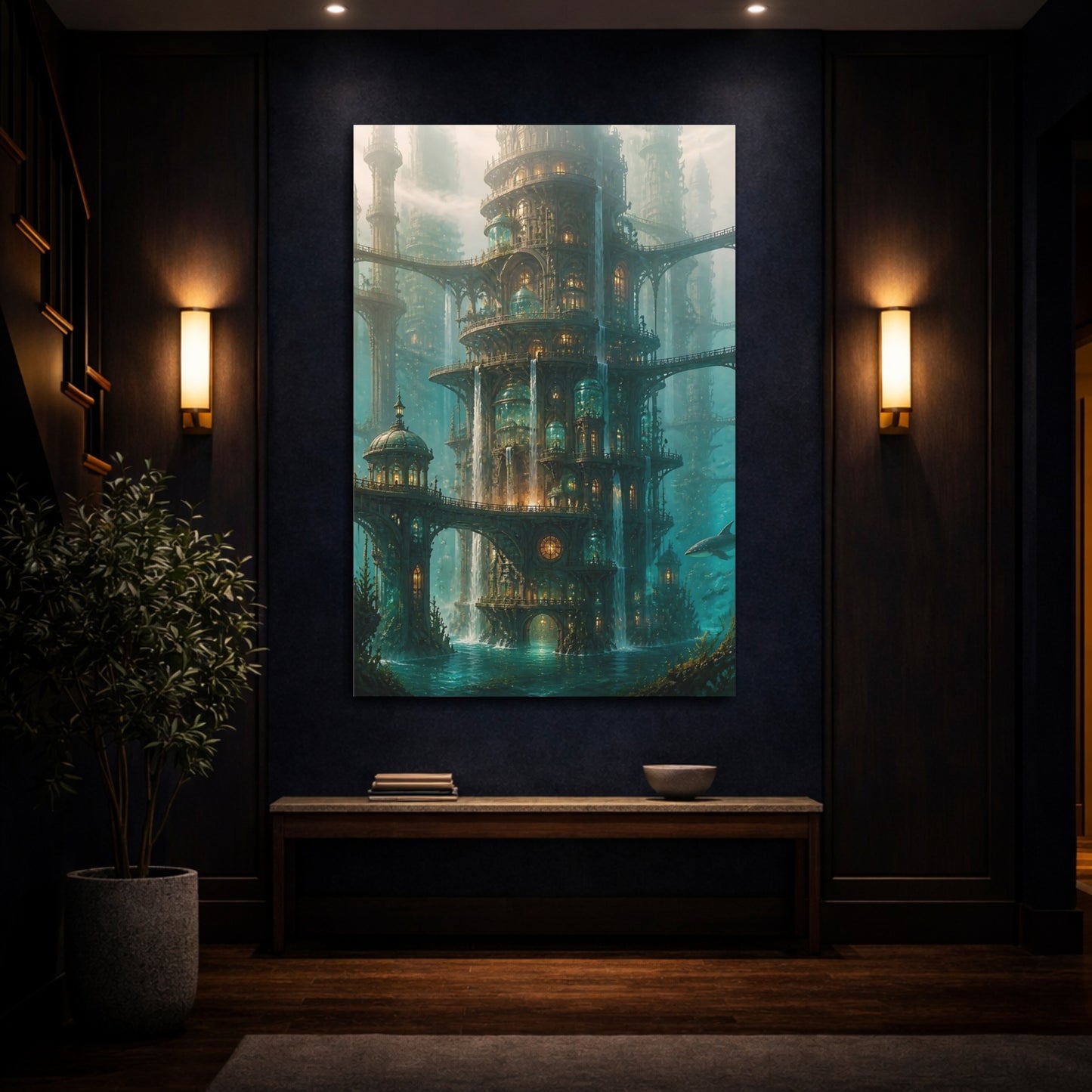 Mockup 4. Ornate Underwater City Tower shown as canvas print