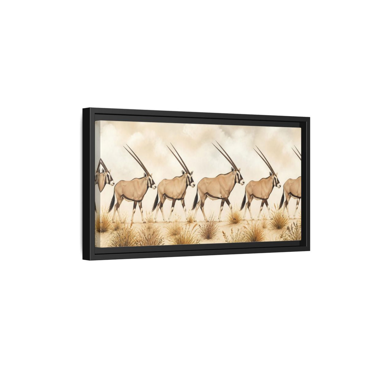 Side Mockup 8. Oryx Animals Parade shown as framed canvas print