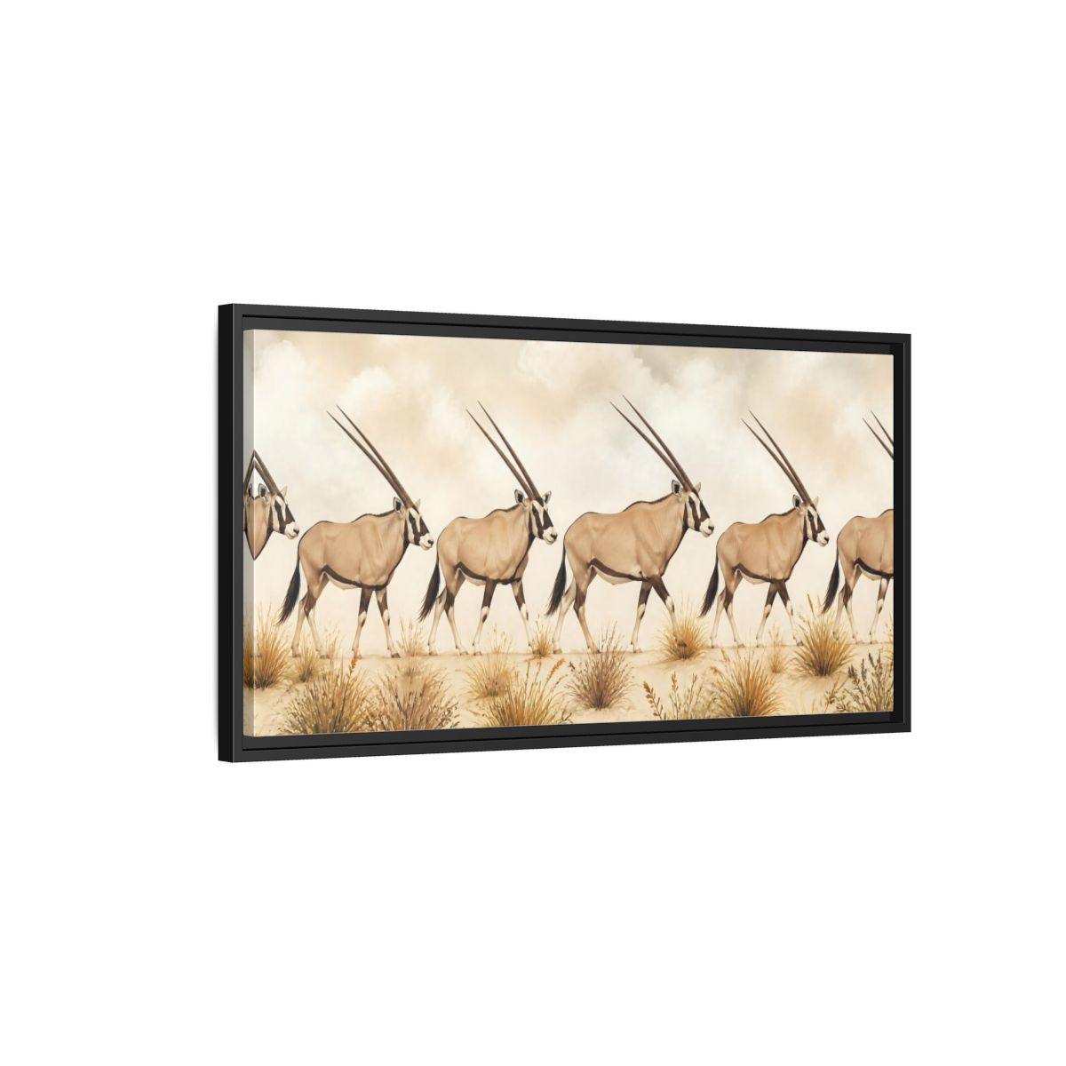 Side Mockup 2. Oryx Animals Parade shown as framed canvas print
