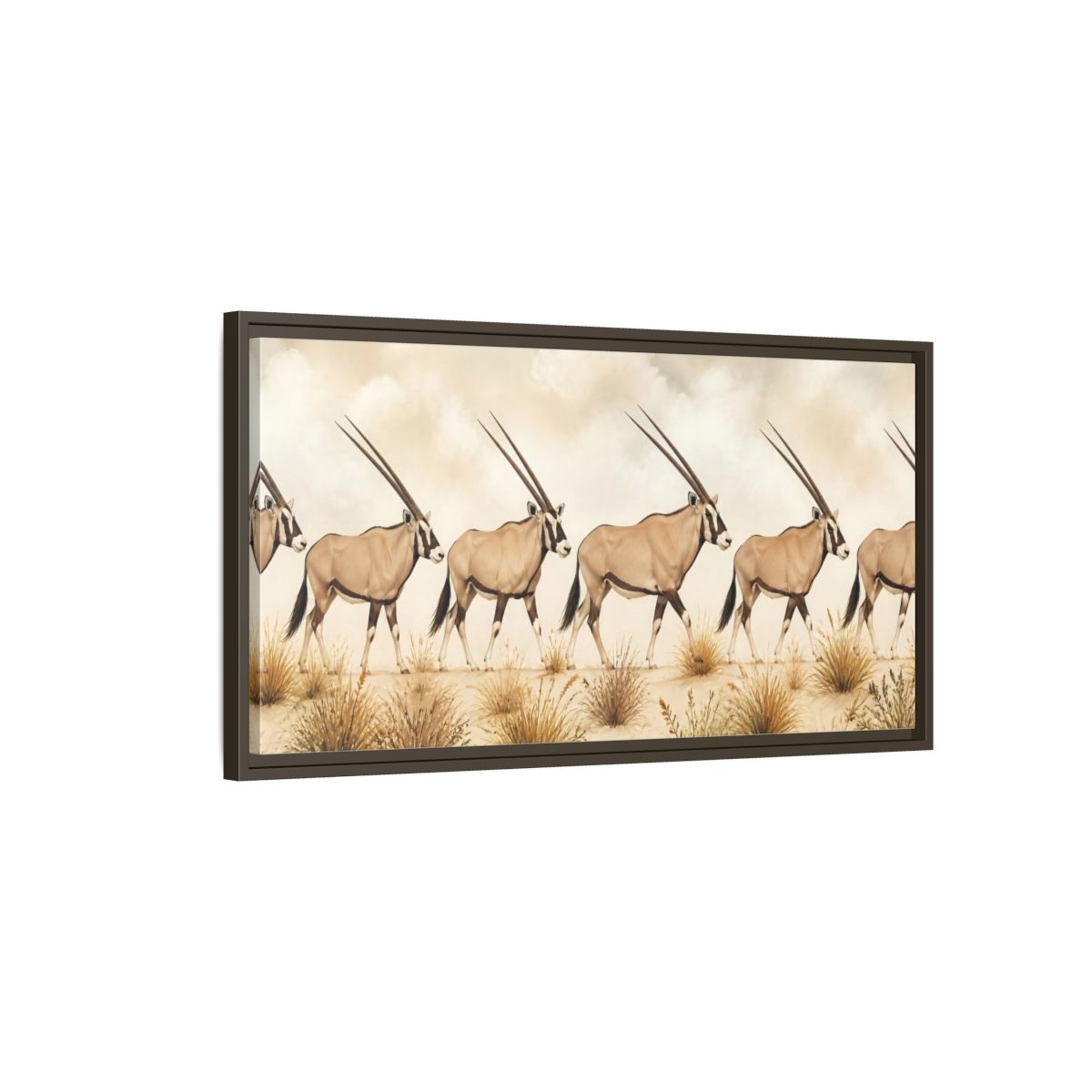 Main Mockup. Oryx Animals Parade shown as framed canvas print