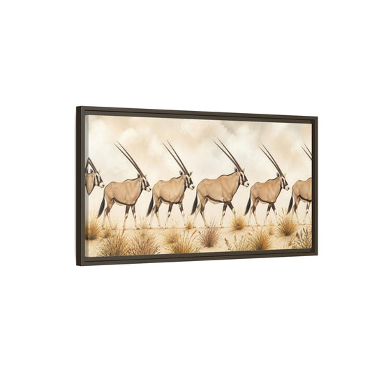 Main Mockup. Oryx Animals Parade shown as framed canvas print