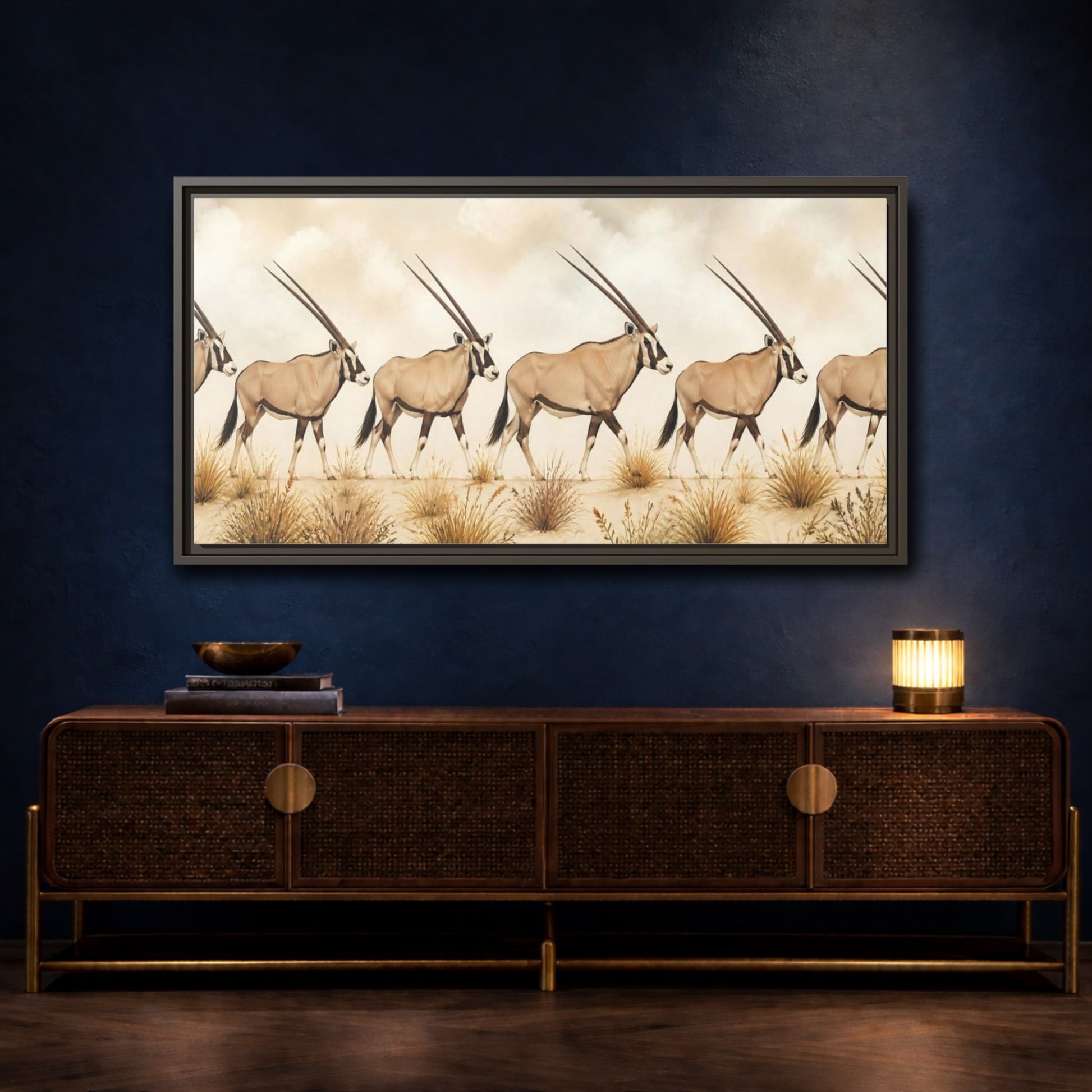 Mockup 4. Oryx Animals Parade shown as framed canvas print
